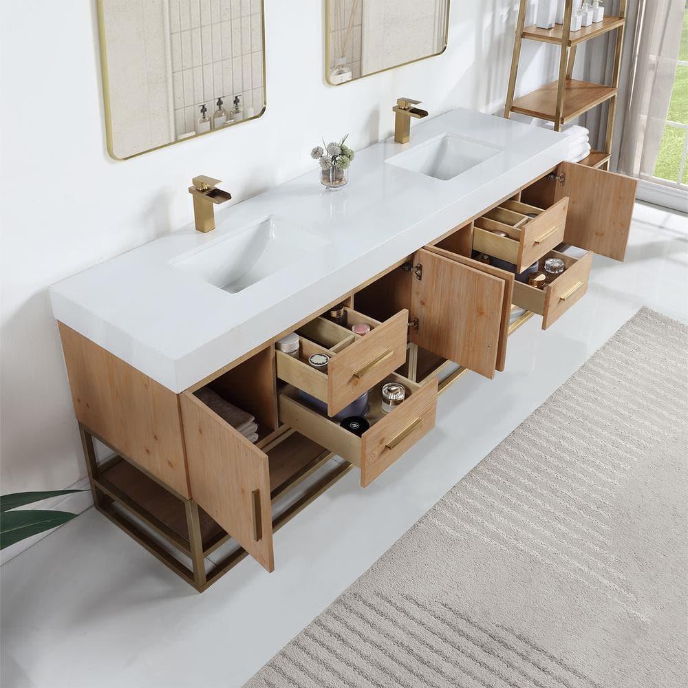 Bianco 84" Wood Vanity in Light Brown with  Composite Stone Top without Mirror
