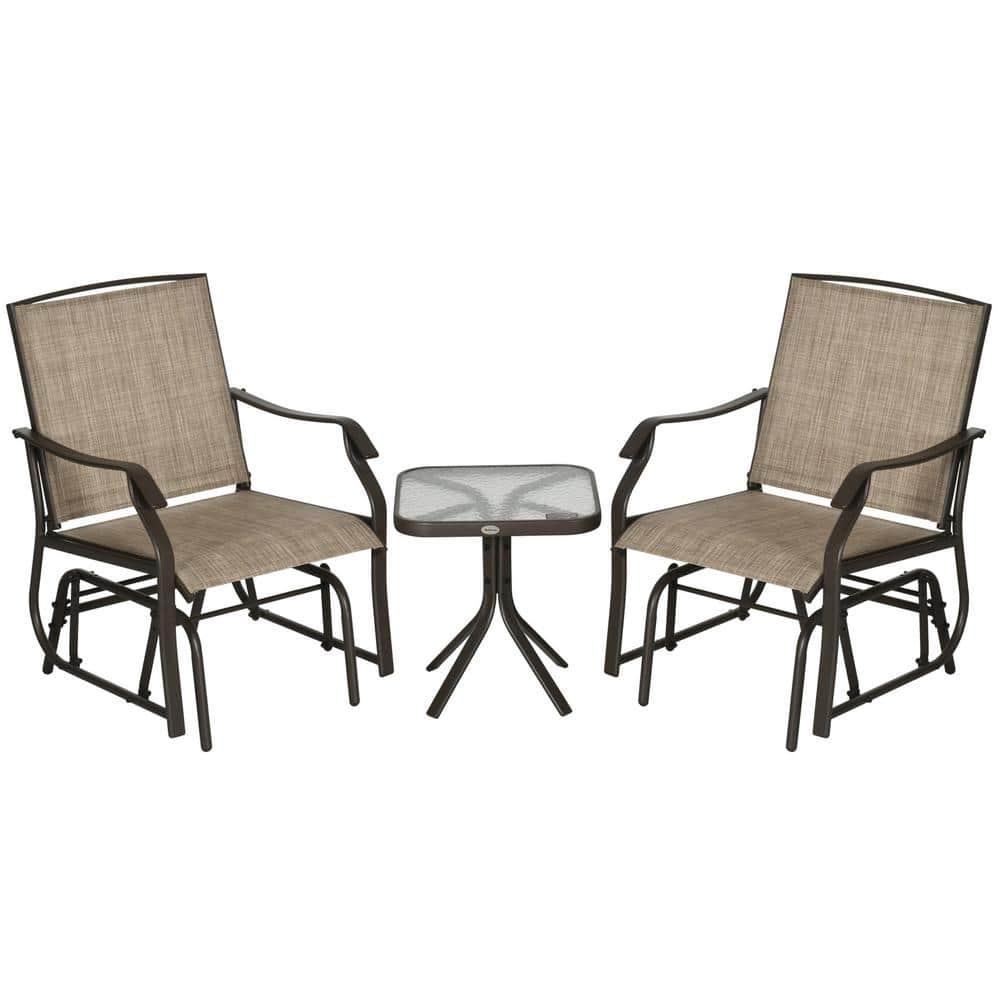 Outsunny 3 Piece Outdoor Glider Chair with Coffee Table Bistro Set, 2 Patio Rocking Chairs with Breathable Sling Fabric, Glass Tabletop, Mixed Brown