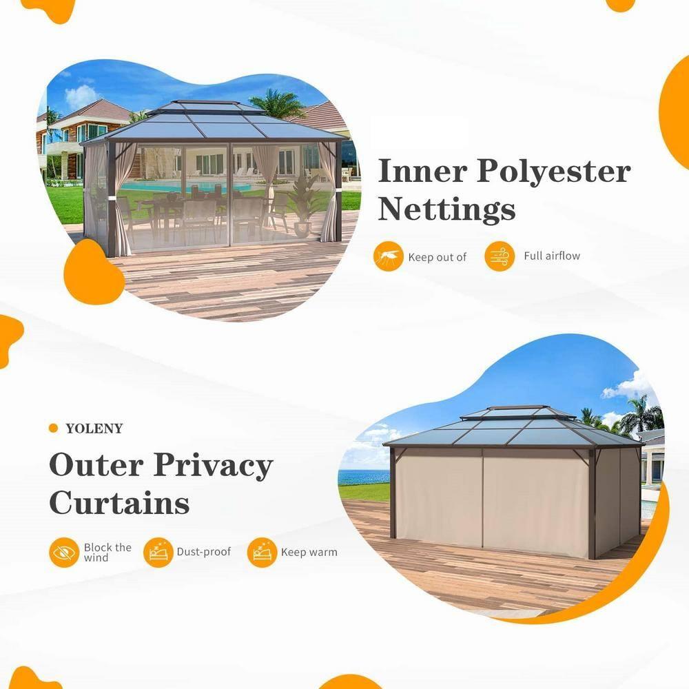 Erommy 10' x 13' Double Roof Hardtop Gazebo, Aluminum Frame Polycarbonate Roof
