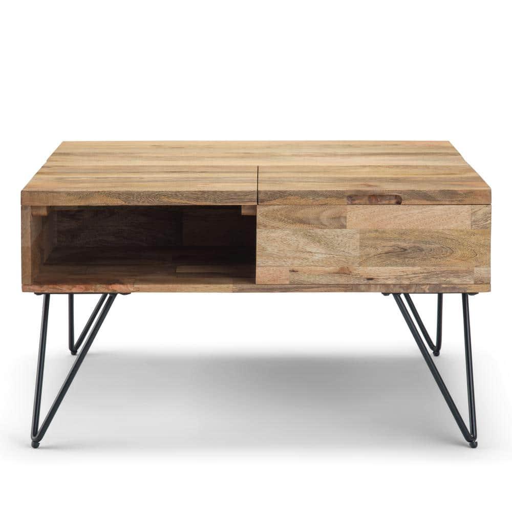 Simpli Home Hunter SOLID MANGO WOOD and Metal 32 inch Wide Square Industrial Lift Top Coffee Table in Natural