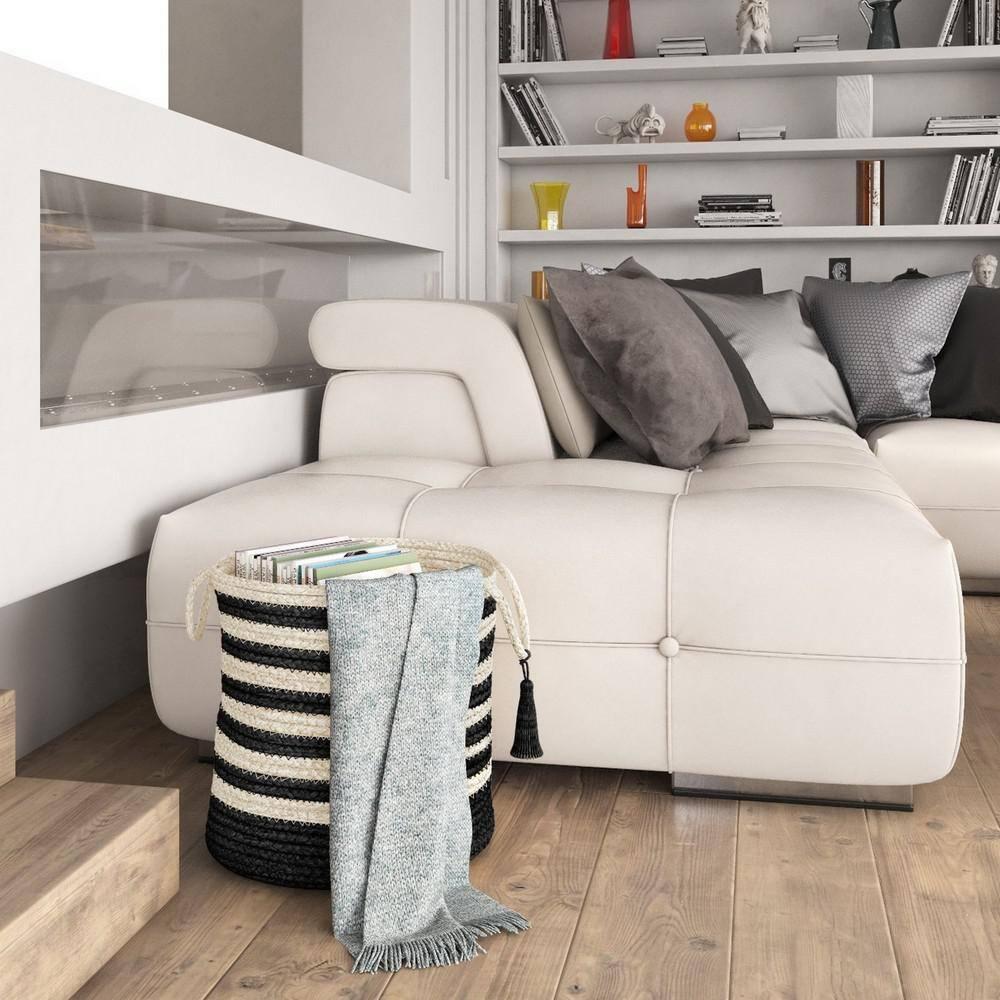 LR Home Woven Round Jute 17" Storage Basket with Handles, Black/White Multi Stripe