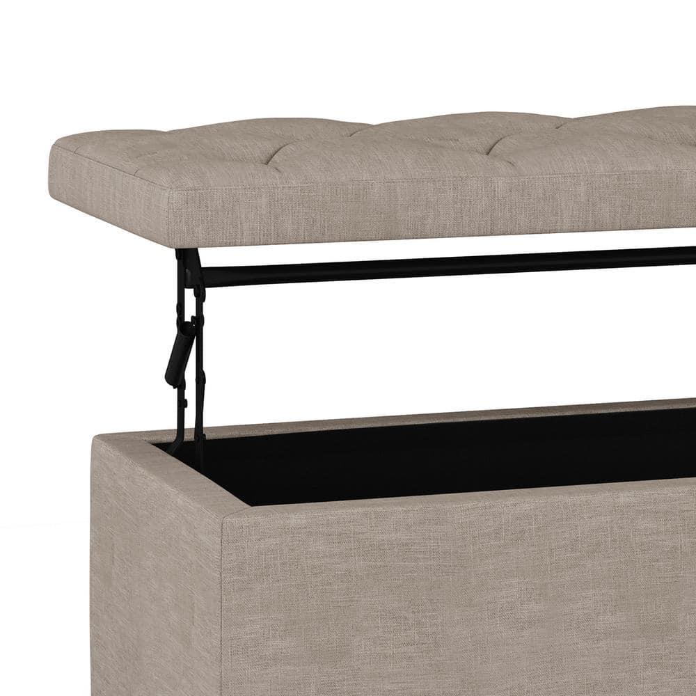 Simpli Home Hamilton 44"W Upholstered Lift-Top Storage Ottoman with Nailhead Trim and Tufted Detailing
