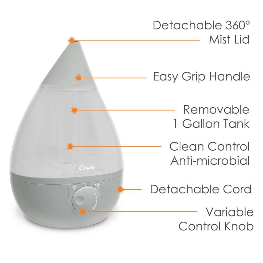 Crane Ultrasonic Teardrop Cool Mist Humidifier, Large 1 Gal Tank, Automatic Shut-Off, Baby Humidifiers for Nursery and Bedroom, Grey