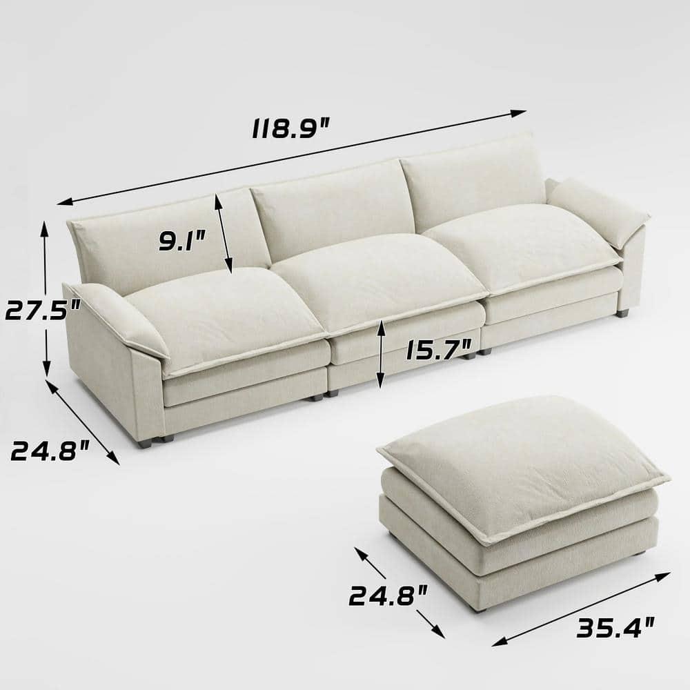 LACOO 118 in. Chenille L-Shaped Modular Sectional Sofa with Ottoman - Off White