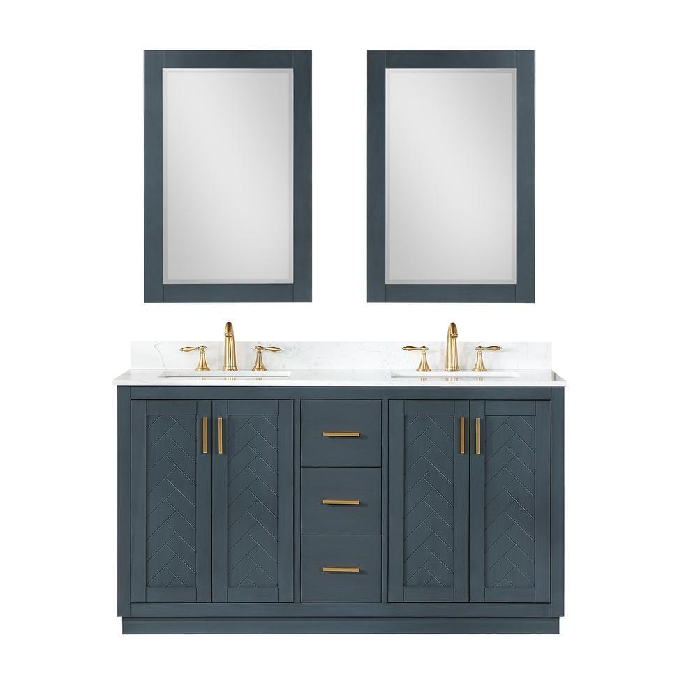 Gazsi 60" Double Bathroom Vanity Set in Charcoal Blue with Grain White Composite Stone Countertop without Mirror