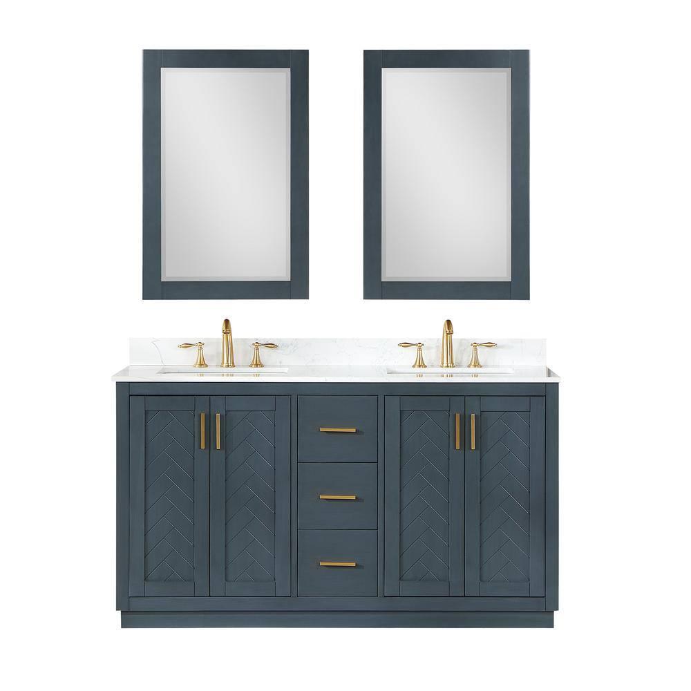 Gazsi 60" Double Bathroom Vanity Set in Charcoal Blue with Grain White Composite Stone Countertop without Mirror