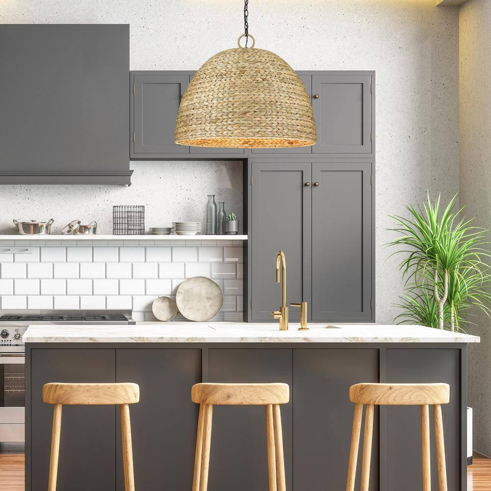 Golden Lighting Rue 8-Light Chandelier in Matte Black with Woven Sweet Grass
