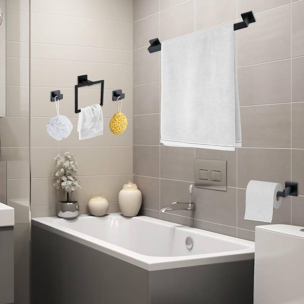 Stainless Steel Matte Black Bathroom Hardware Accessories - 5 Piece Set with 16 inch Square Towel Bar, Towel Rack & Holder