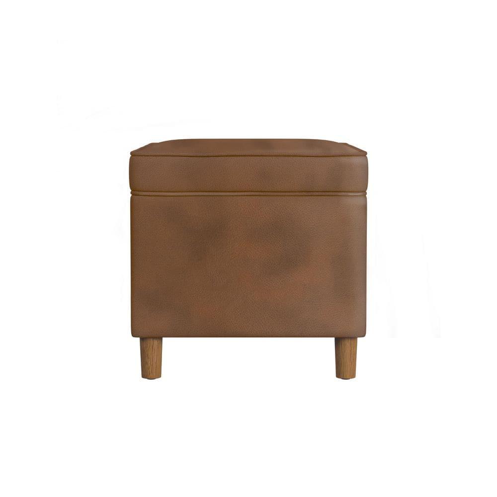 24" Dinah Storage Ottoman Brown Faux Leather - HomePop: Honey Oak Legs, Soft-Close Hinge, Footstool