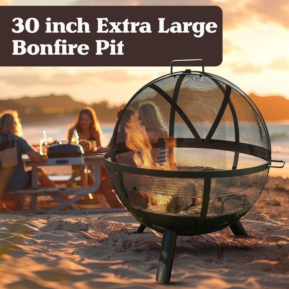 Sunnydaze Outdoor Portable Camping or Backyard Flaming Sphere Ball Fire Pit with Built-In Spark Screen - 30" - Black