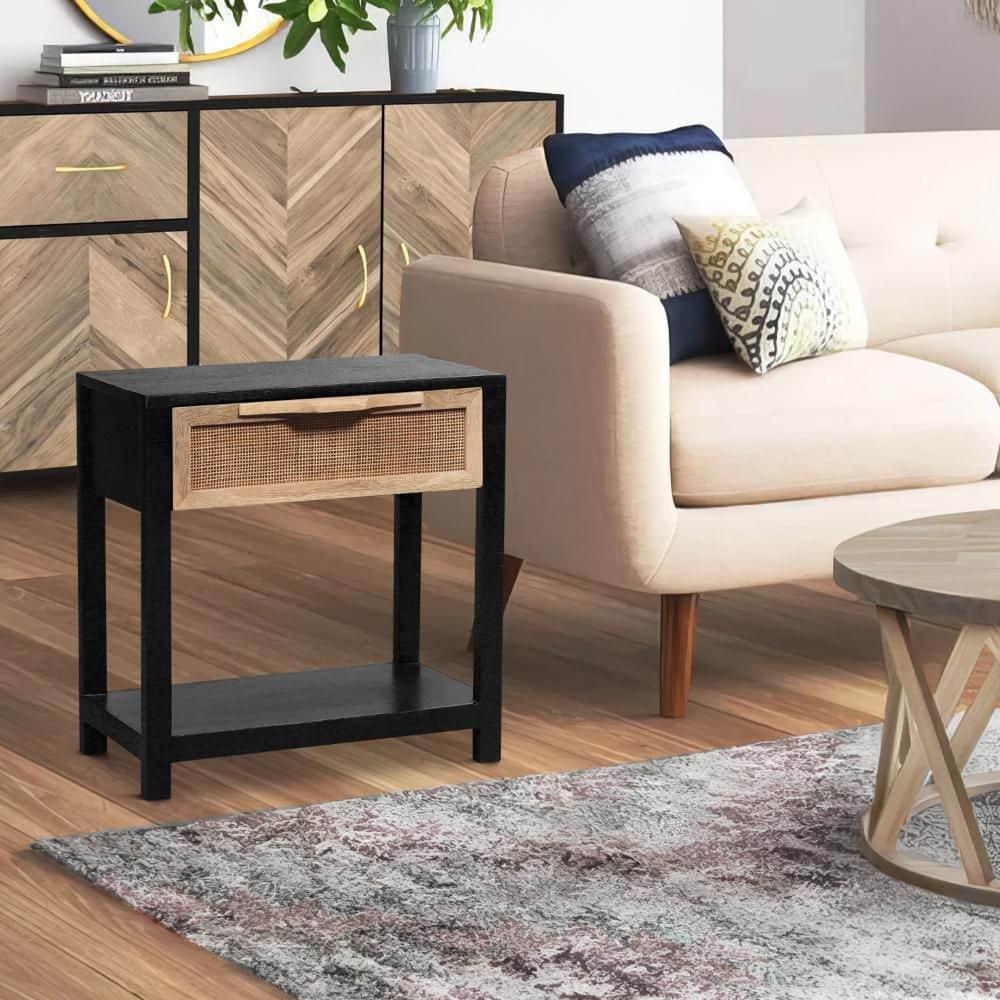 Benzara 22" Side Table with Rattan Front Drawer and Open Shelf Mango Wood Frame Black/Brown