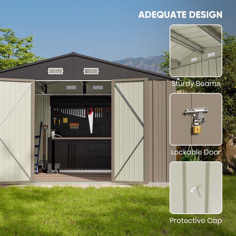 Patiowell 10' x 8' Outdoor Storage Shed with Floor Frame Kit, Metal Garden Tool Shed with Design of Lockable Doors, Utility and Tool Storage for Garden, Backyard, Patio, and Outside Use, Brown