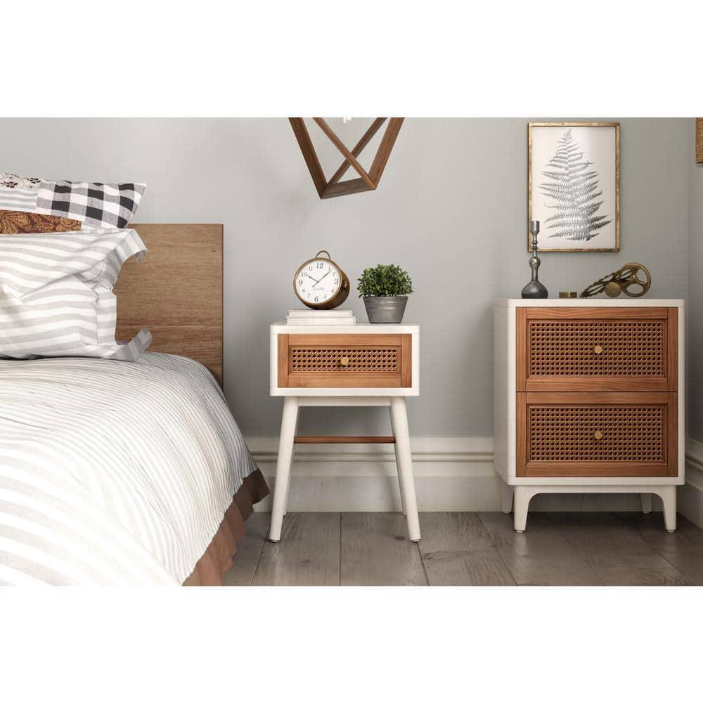 COZAYH Fully-Assembled 1-Drawer Woven Cane Front Accent Nightstand with Brass Knobs for Living Room, Hand-Scratched Aging Finish, Bedroom, White