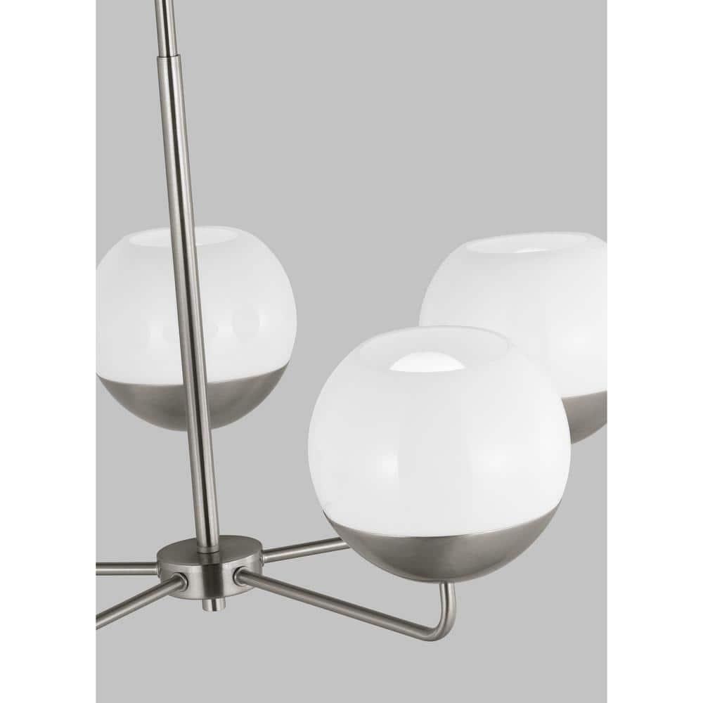 Alvin Midcentury 5-Light Brushed Nickel Chandelier with Milk Glass Shades