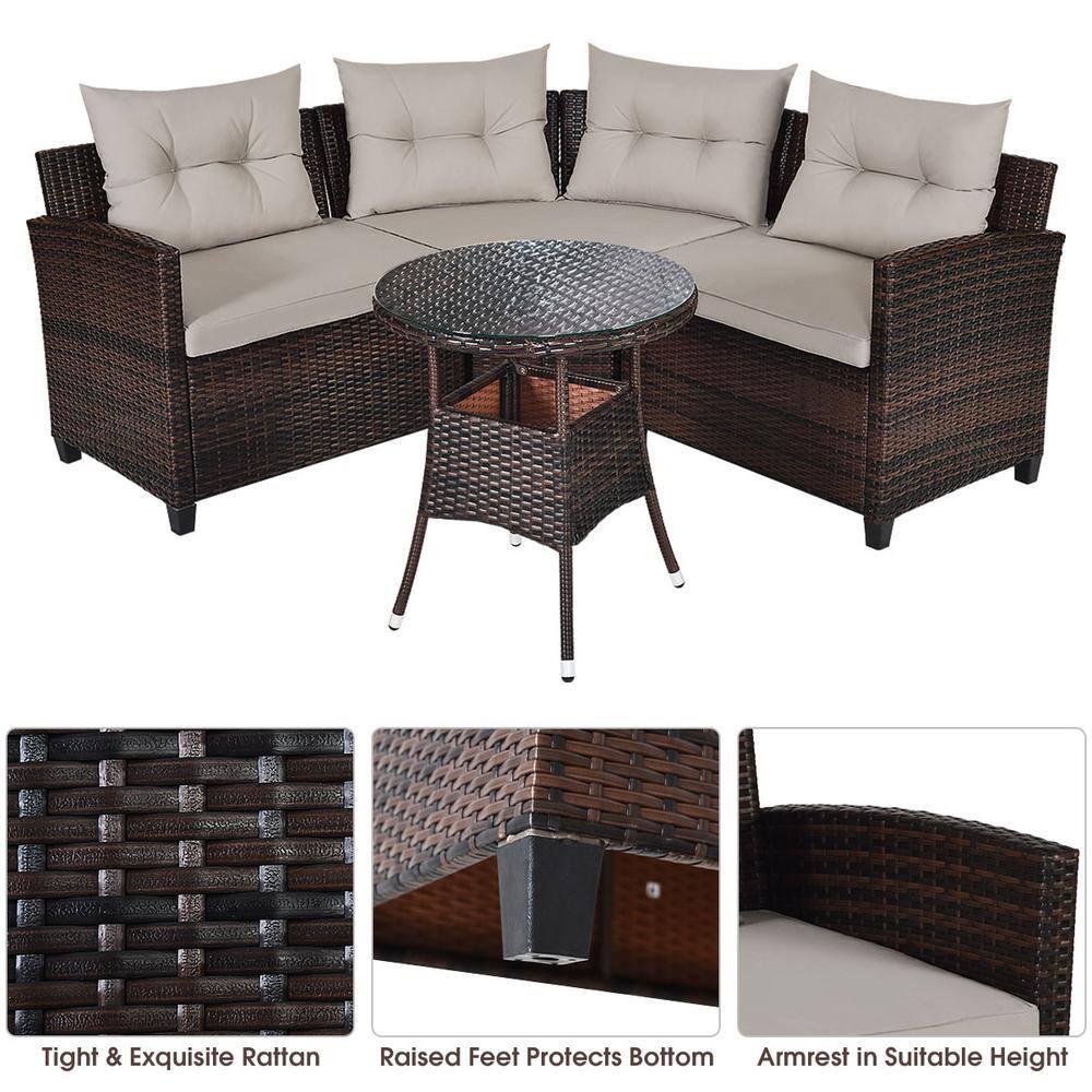 Patiojoy 4PCS Outdoor Patio Conversation Set Wicker Rattan Sectional Sofa