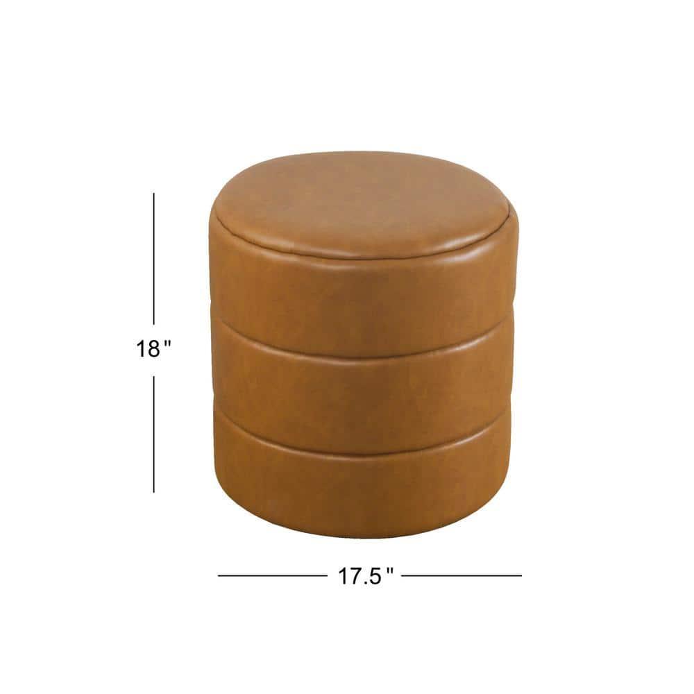 Round Upholstered Ottoman Caramel Faux Leather - HomePop: Channel Tufted, No Assembly Required
