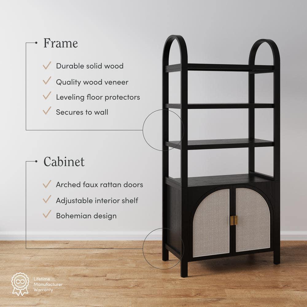 Boho 3-Shelf Bookshelf Cabinet With Rattan Doors