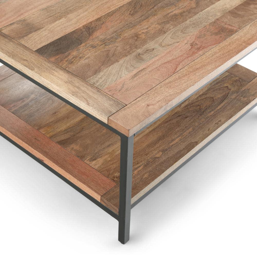 Simpli Home Skyler 34"W Solid Mango Wood Industrial Square Coffee Table with Open Shelf and Metal Frame
