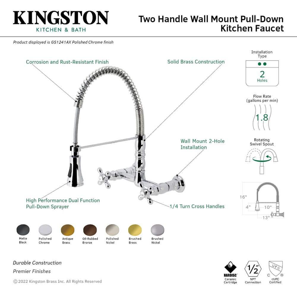 Kingston Brass GS1245AX Kingston Brass Heritage Double-Handle 2-Hole Wall-Mount Pre-Rinse Bridge Kitchen Faucet