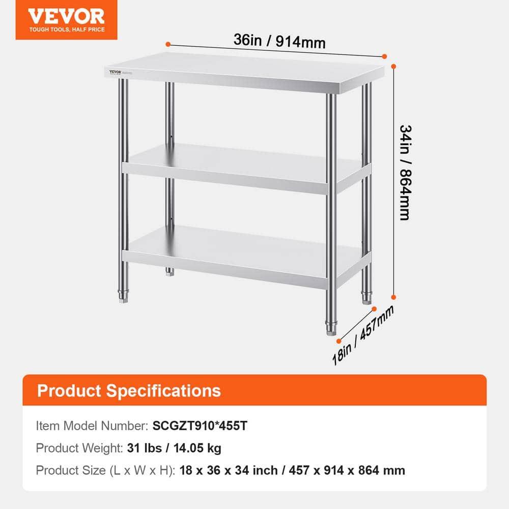 VEVOR Stainless Steel Food Prep Table, 18 x 36 x 34 Inch Commercial Kitchen Worktable, with 2 Adjustable Undershelf, Heavy Duty Prep Table