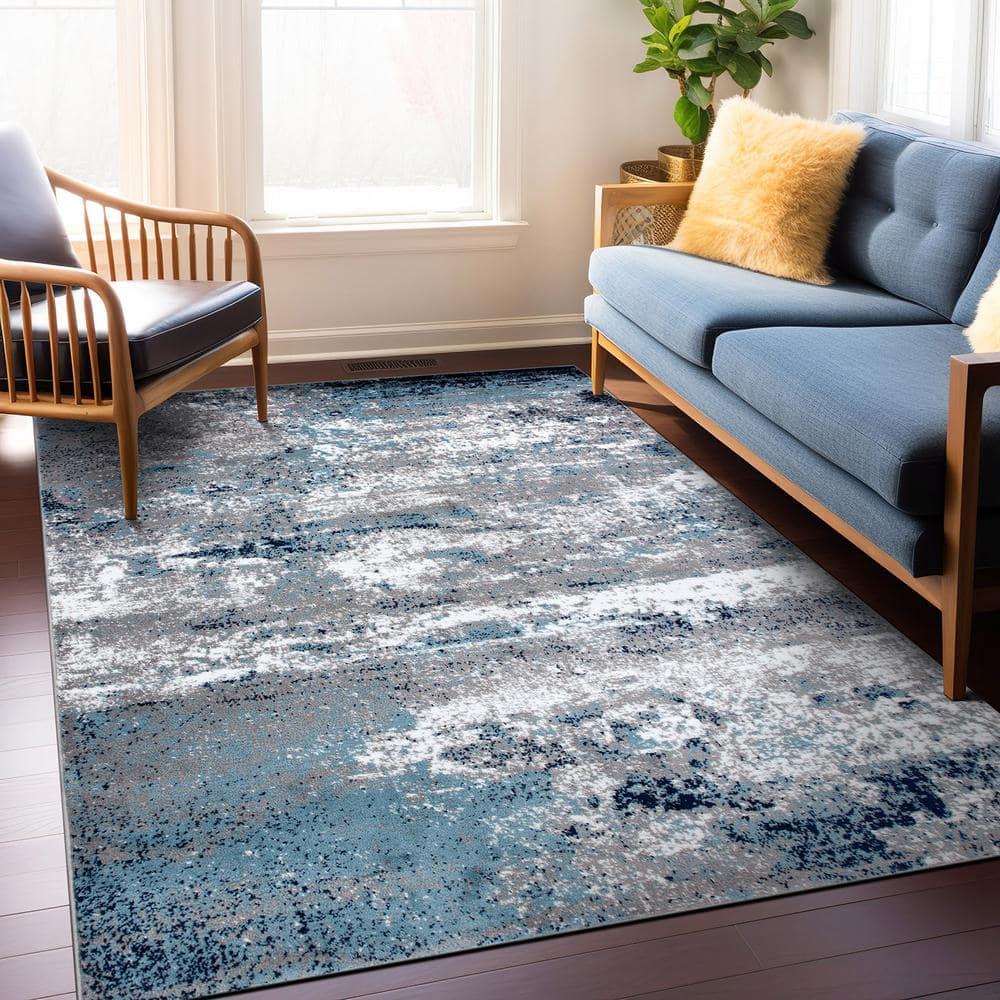 World Rug Gallery Distressed Abstract Watercolor Blue 6'6" x 9' Area Rug