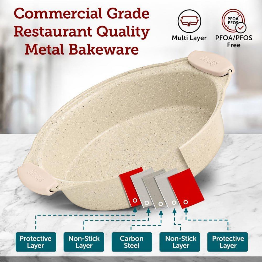 BAKKEN 6-Piece Deluxe Nonstick Baking Pan Set - Professional Grade Carbon Steel Bakeware with White Marble Coating & Silicone Handles