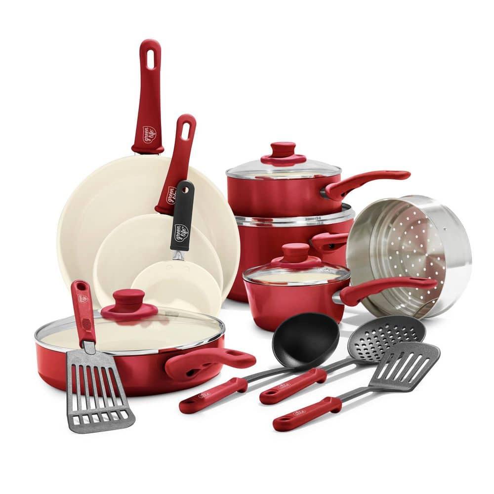 GreenLife 16 Piece Nonstick Cookware Set, Soft Grip Non-Toxic PFAS-Free Ceramic Pots & Pans, Dishwasher & Oven Safe, Frying, Sauce, Saute, Utensils, Glass Lids, Stay-Cool Handles, Wobble Free, Red