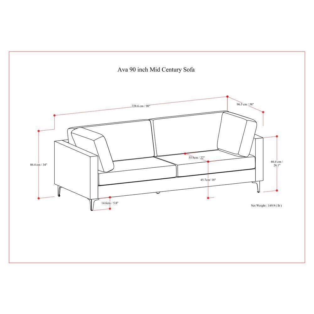 Simpli Home Ava 90-inch Mid Century Sofa, Large Performance Fabric Couch for Living Room, Water-Repellent, Stain-Resistant, Reversible Cushions