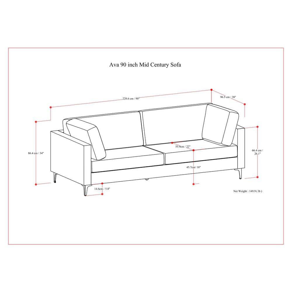 Simpli Home Ava 90-inch Mid Century Sofa, Large Performance Fabric Couch for Living Room, Water-Repellent, Stain-Resistant, Reversible Cushions