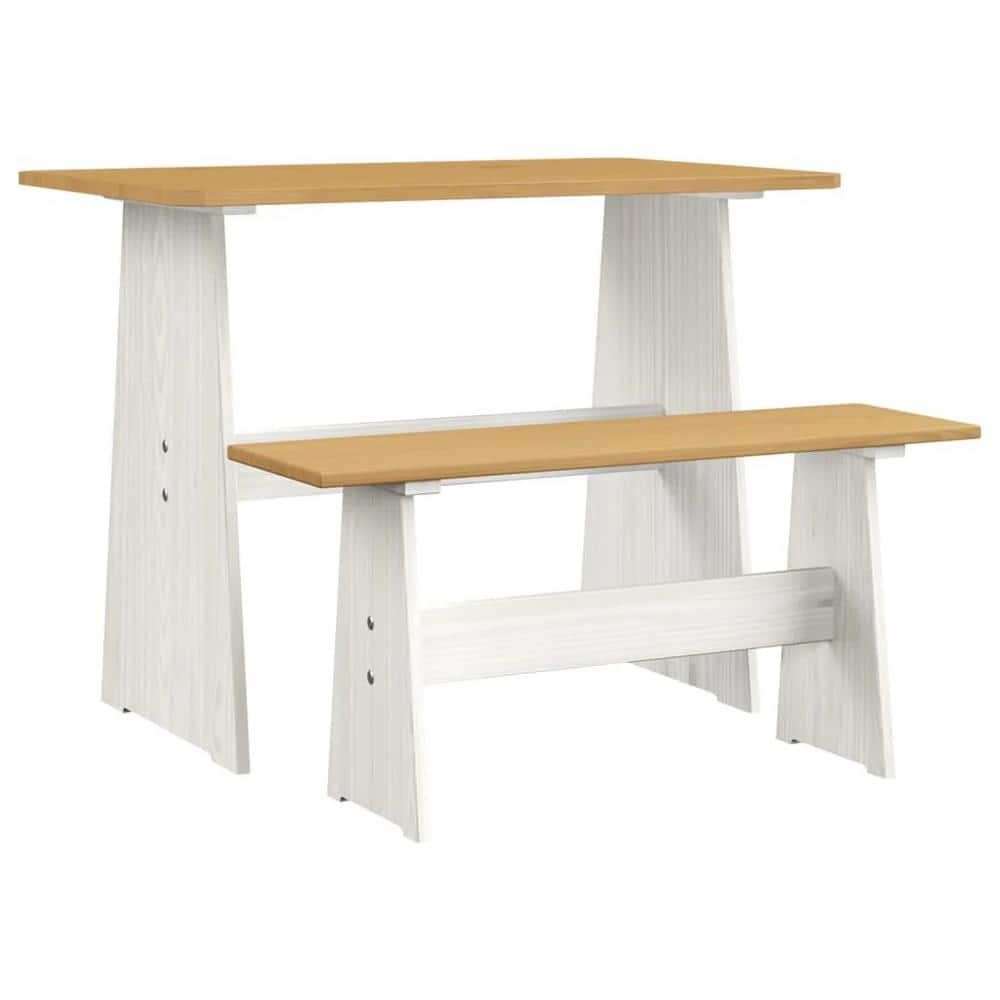 Urban Home Furniture Chapman 3 Piece Casual Dining 2-Tone Natural/White Solid Pine Wood Kitchen Table Set with 2 Benches, Kitchen Dining Set