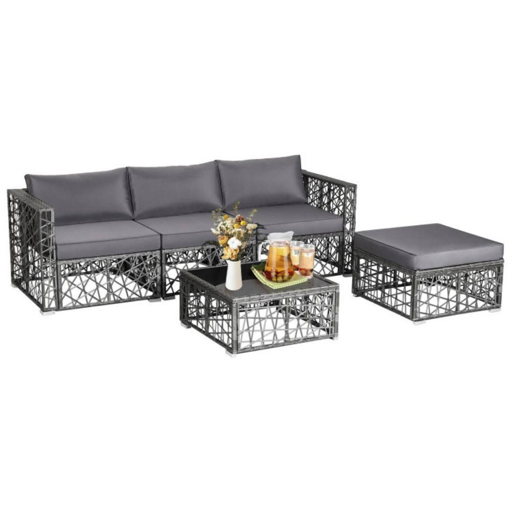 Costway 5 Pieces Patio PE Rattan Wicker Sofa Furniture Set Cushioned  Outdoor Grey