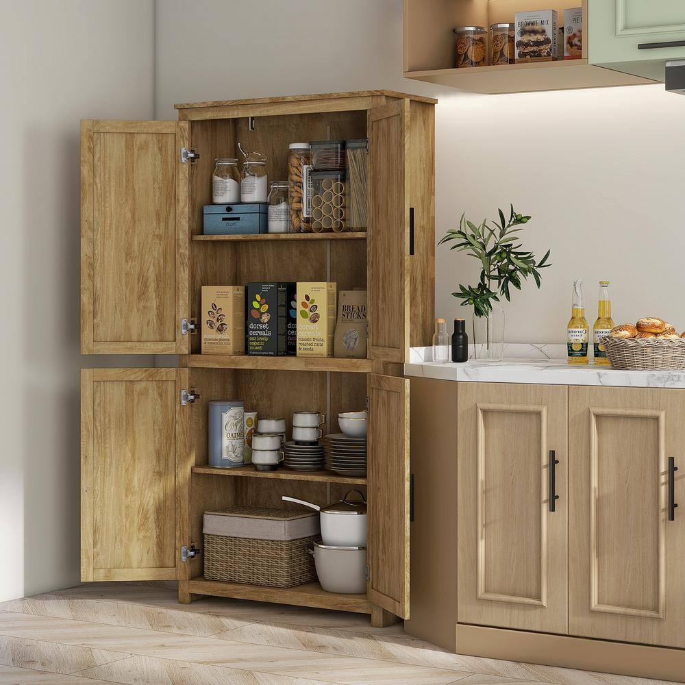 HOMCOM 64" Kitchen Pantry Storage Cabinet, Freestanding Kitchen Cabinet with 4 Rattan Doors, 4 Tier Shelves and Adjustable Shelf, Natural