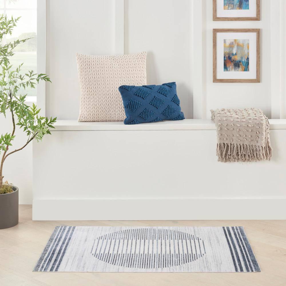 Nourison Astra Machine Washable Stripe Circle Mid-Century Modern Indoor Rug Ivory Blue 2'2" x 4'