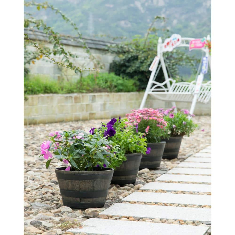 ardenised 4-Piece Round Half Barrel Flower Pots Rustic Farmhouse Style Faux Wood Planter Containers for Indoor & Outdoor Use