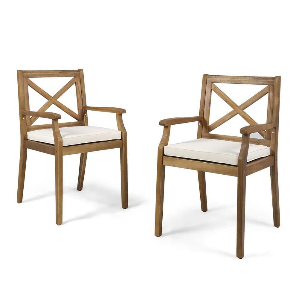 Perla Teak Brown Cross Back Wood Outdoor Patio Dining Chairs with Cream Cushions (2-Pack)