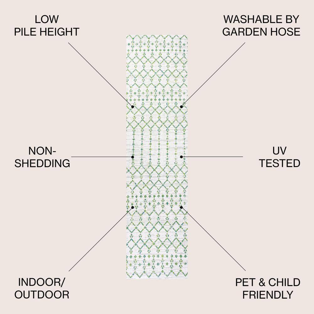 2' x 10' Ourika Moroccan Geometric Textured Weave Indoor/Outdoor Runner Rug, Green/Ivory - JONATHAN Y