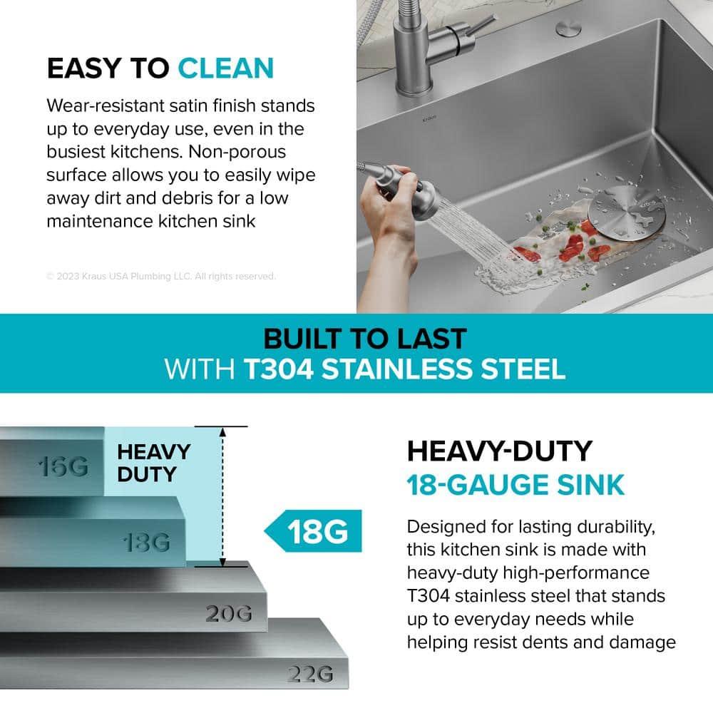 Kraus KHT411-25 Standart Pro Drop-in Topmount 16 Gauge Single Bowl 2-Hole Stainless Steel Set (5 Item Bundle: Sink, Bottom Grid, Assembly, Drain Cap, Kitchen Towel), 25 Inch, Tight Radius