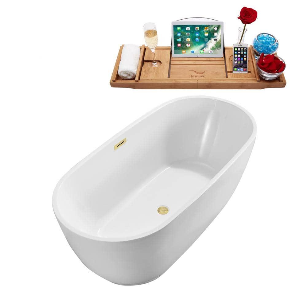 71" Streamline Freestanding Soaking Acrylic Bathtub With Drain and Bamboo Tray