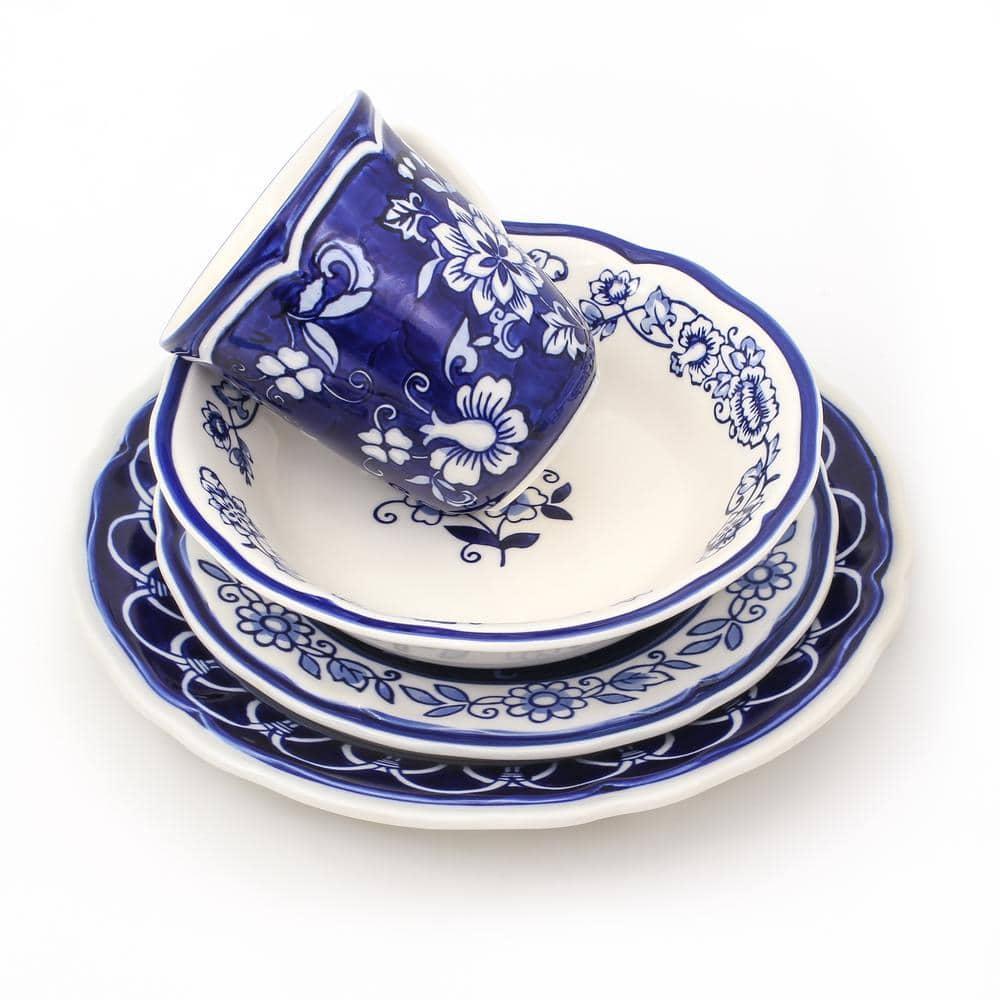 Euro Ceramica Blue Garden 16-Piece Hand-Painted Dinnerware Set- New