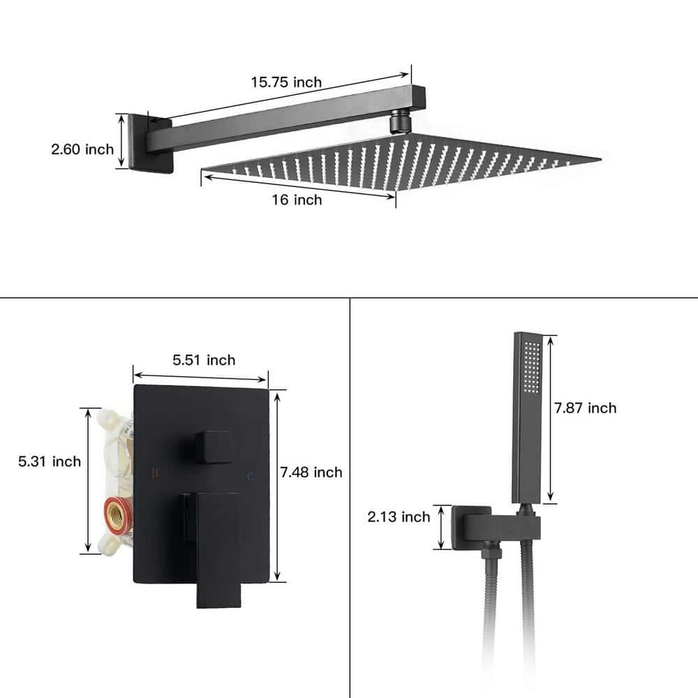 Single Handle 2-Spray Square High Pressure Shower Faucet with 16" Shower Head