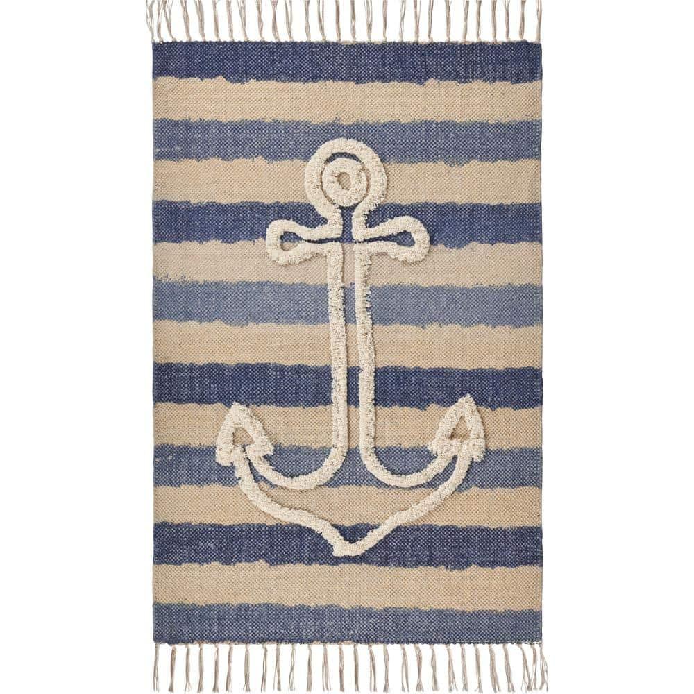 Ox Bay Blair 2'6" x 3'9" Blue/Beige Shag Anchor Striped Durable Indoor Area Rug
