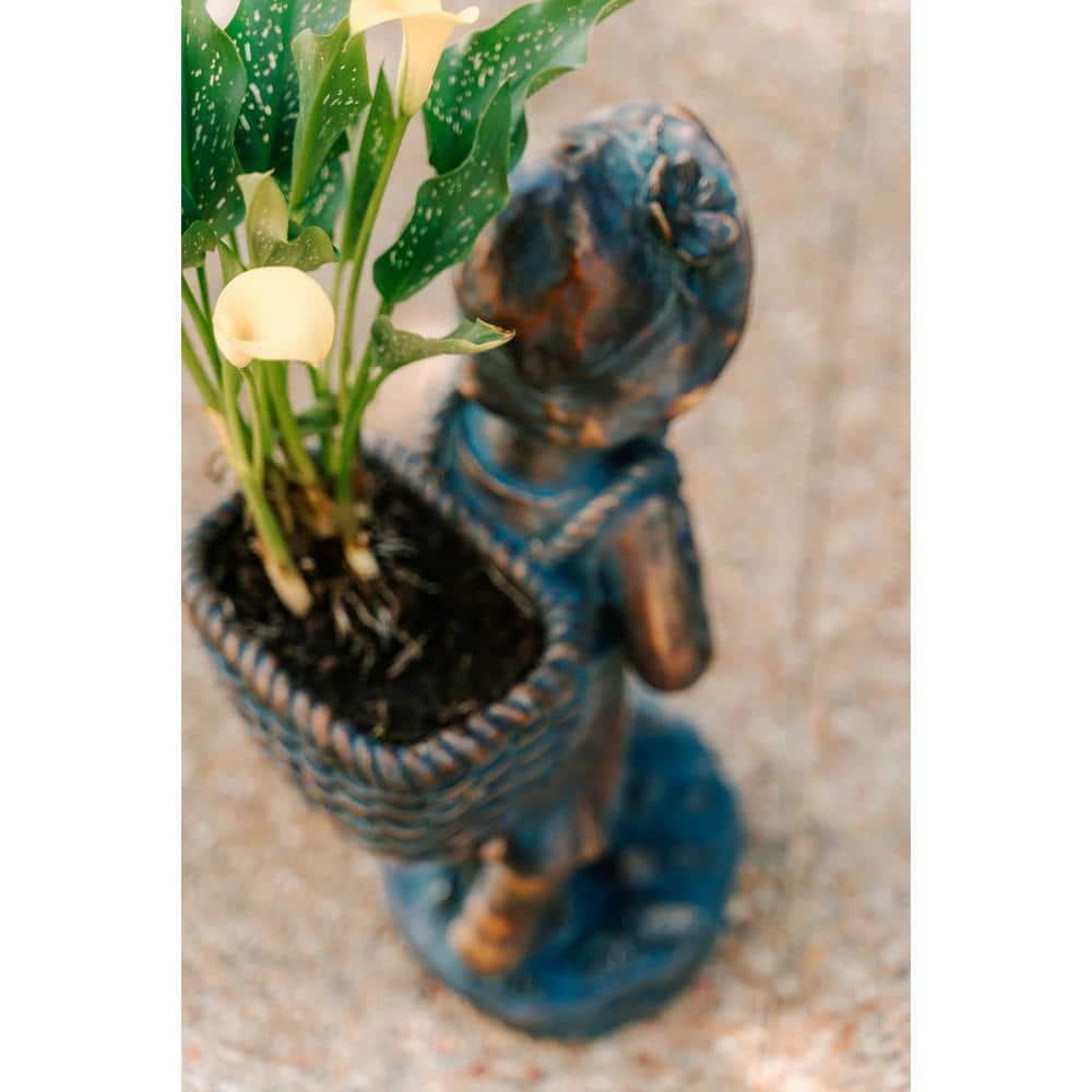 24in.H Faux Bronze Magnesium Oxide Walking Girl Garden Statue w/Small Flower PlantPot, Outdoor, Natural Design Sculpture