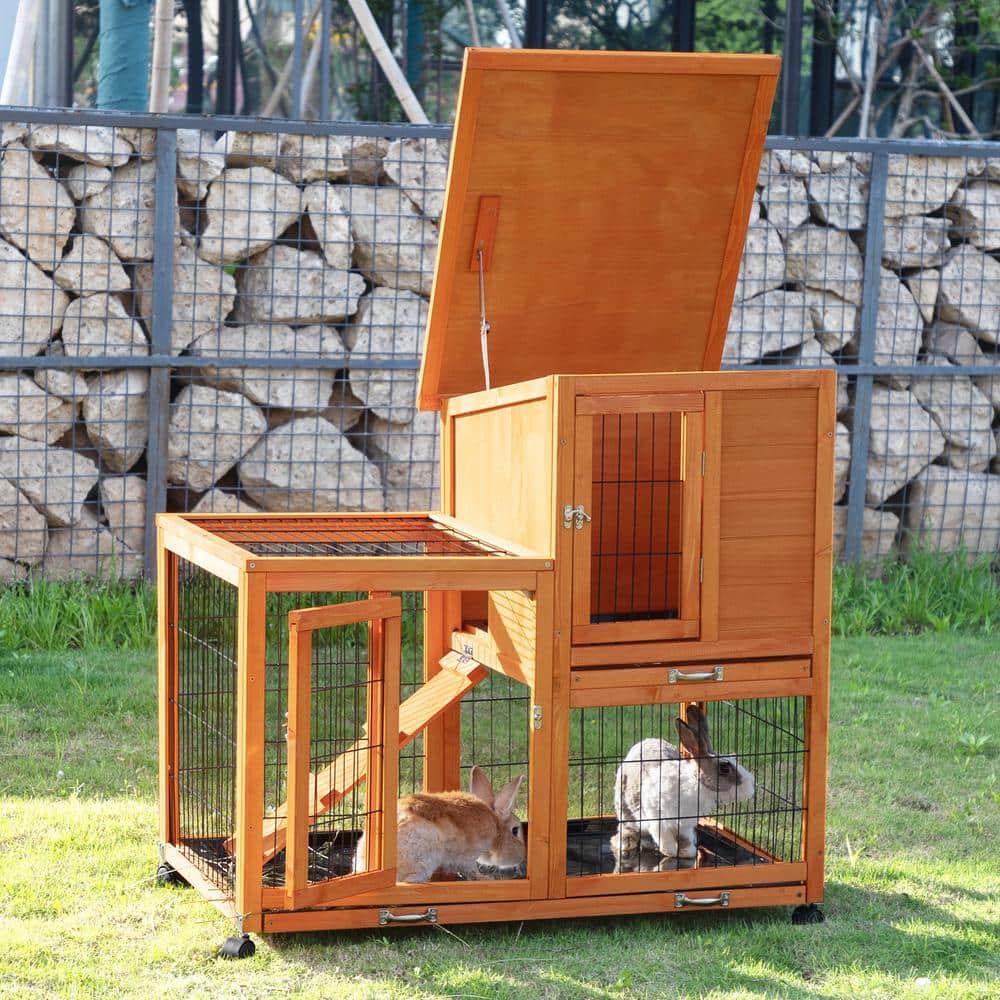 COZIWOW Wooden Rabbit Hutch Hamster Habitat Bunny House Outdoor w/ 4 Casters 2 Cleaning Trays