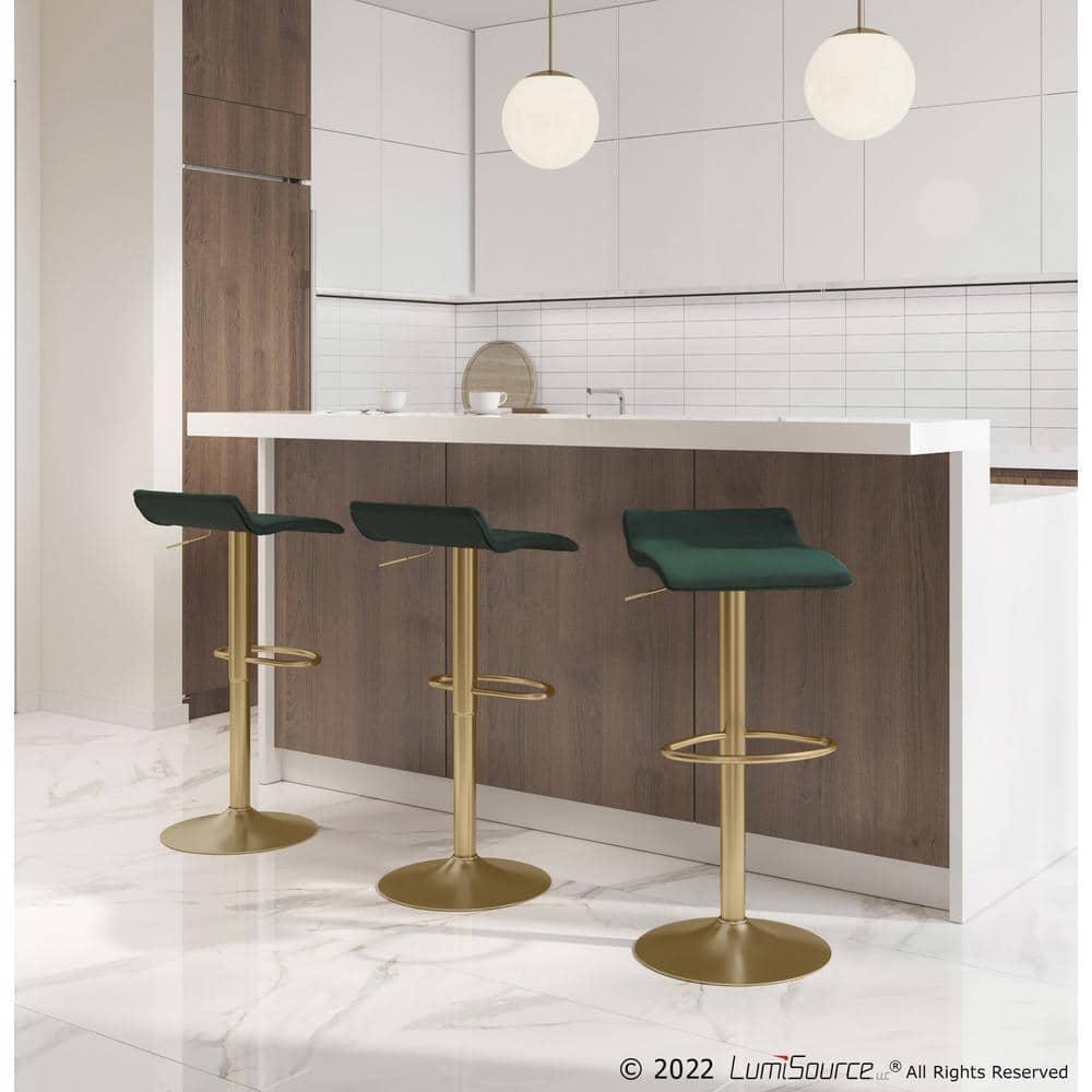 Ale Contemporary Glam Adjustable Height Barstool With Swivel In Gold Brushed Metal And Green Velvet With Oval Footrest -