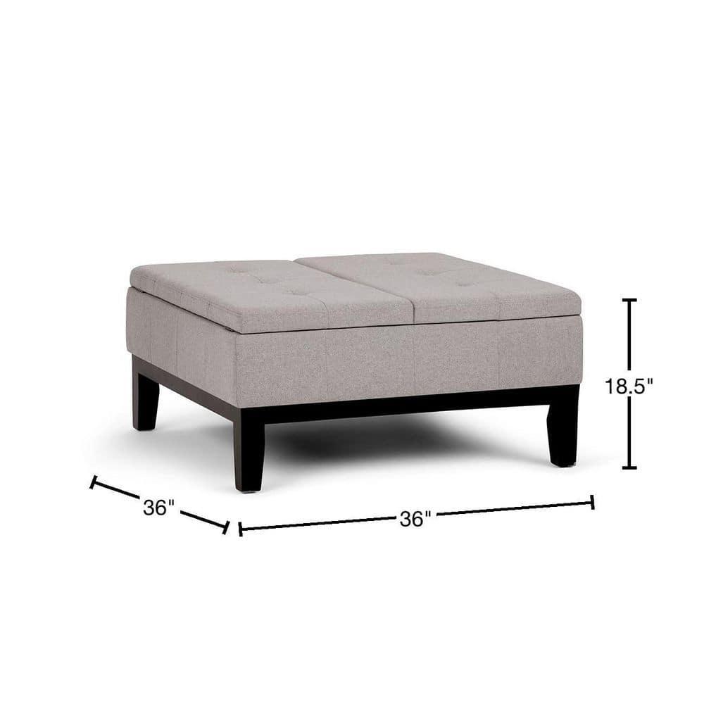 Simpli Home Dover 36"W Upholstered Square Coffee Table Storage Ottoman with Split Tufted Lift Top
