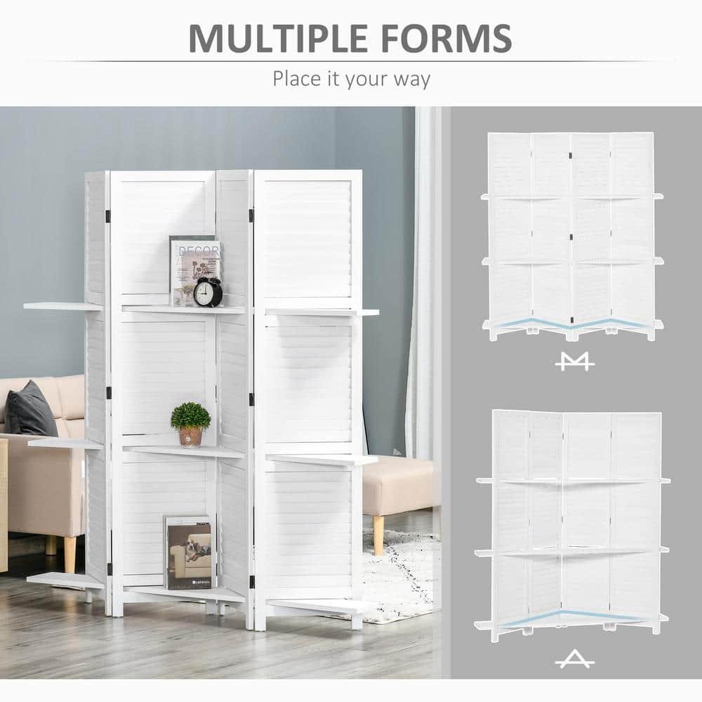 HOMCOM 4 Panel 67" Tall Wood Privacy Screen Room Divider with 3 Display Shelves, and Folding Storage for Bedroom or Home Office, White