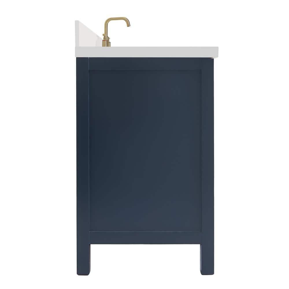 ARIEL Cambridge 43 Inch Midnight Blue Bathroom Vanity with Single Sink, Solid Wood, White Quartz Countertop, 1.5-Inch Edge, Right Rectangular Undermount Sink, 2 Soft Closing Doors, 5 Drawers