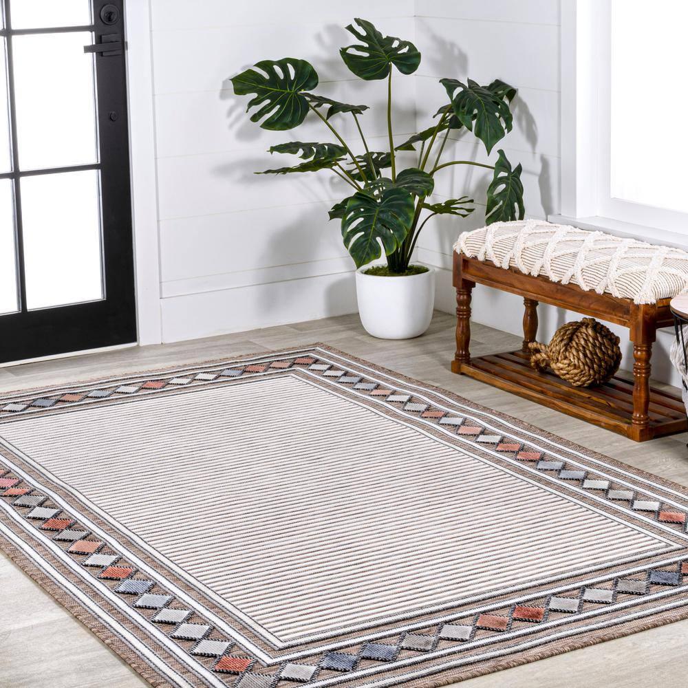 JONATHAN Y Sebastian High-Low Modern Diamond Border Brown/Ivory 3 ft. x 5 ft. Indoor/Outdoor Area Rug
