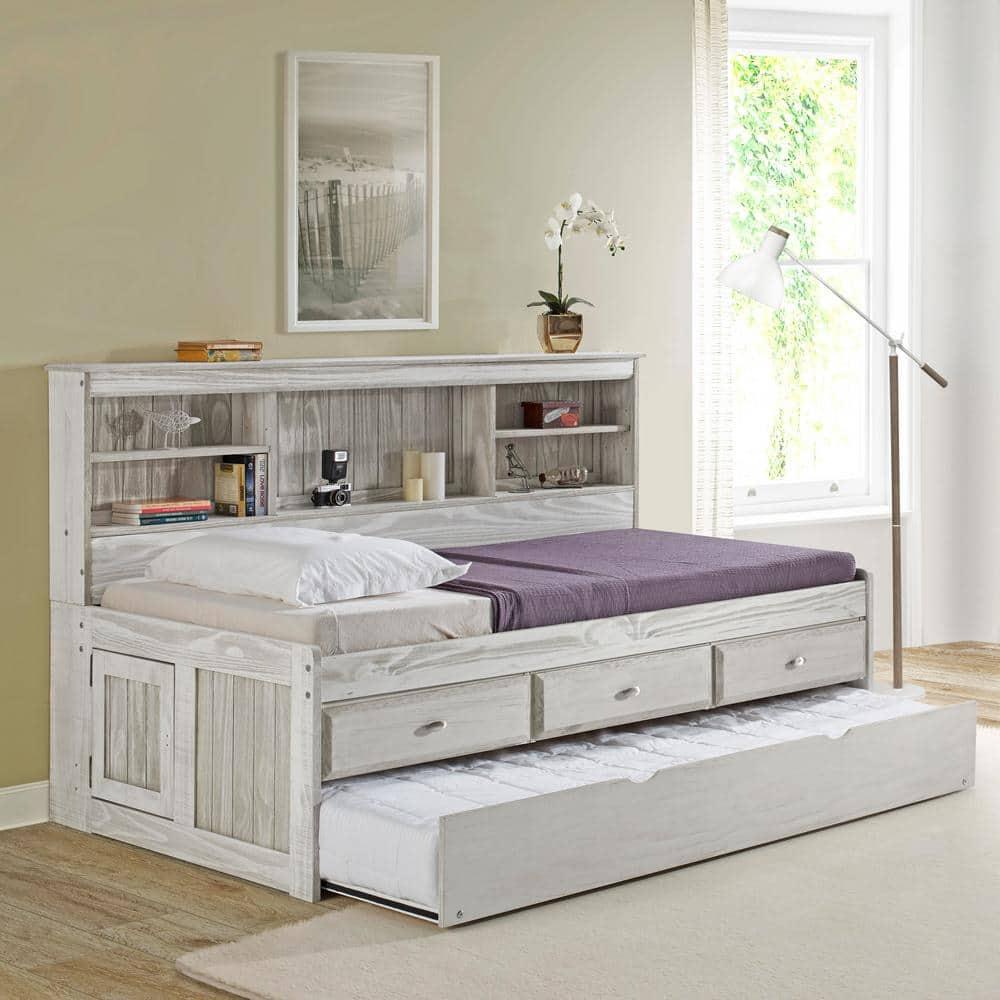 American Furniture Classics OS Home and Office Furniture Model 85222K3-22, Solid Pine Twin Daybed with Three Sturdy Drawers and a Twin Sized Trundle in Light Ash