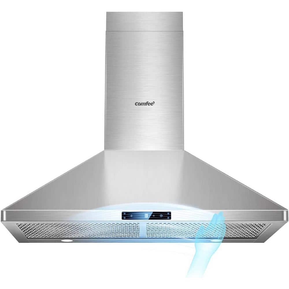 COMFEE' CVP30W7AST 30 Inch 450 CFM 3 Speed Gesture Sensing &Touch Control Panel Stainless Steel Wall Mount Ductless/Ducted Convertible Vent Baffle Filters and 2 LED Lights Range Hood